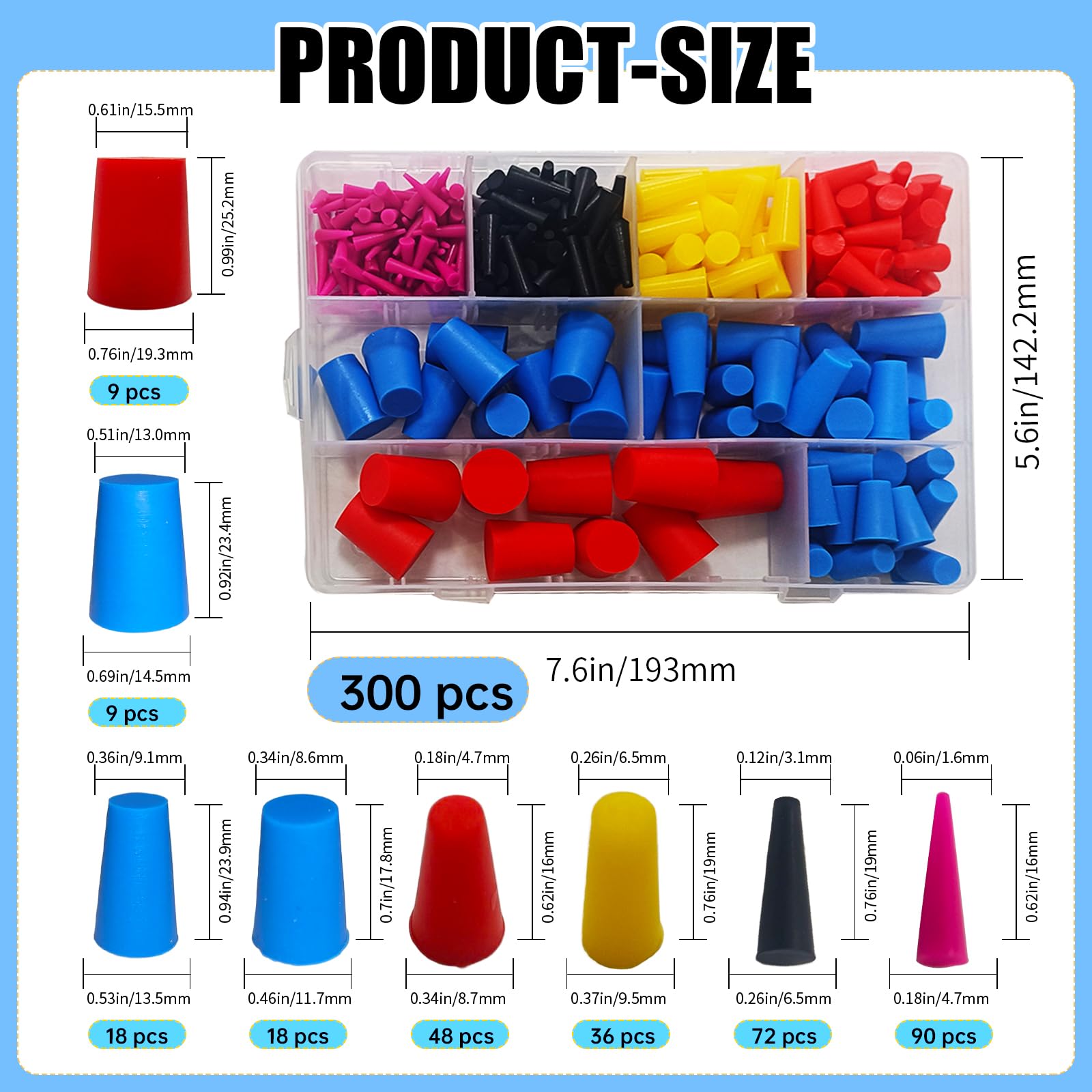 8 Größen - 300 Stück konische Silikon-Gummistopfen, konische Stopfen zum Abkleben von Löchern während der Pulverbeschichtung, Malerei, Hydrotauchen, Medienstrahlen, 300 Stück