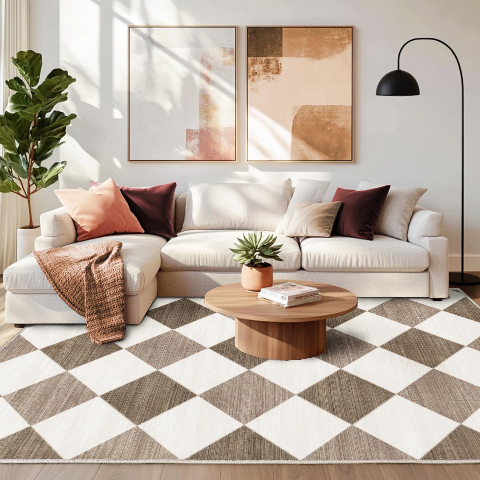 Chicnix Teppich Wohnzimmer Kurzflor, Schlafzimmerteppich Waschbar rutschfest Weich, Moderner Kariert Geometrisch Teppich 140x200 für Schlafzimmer Kinderzimmer Büro Esszimmer, Braun Beige Weiß