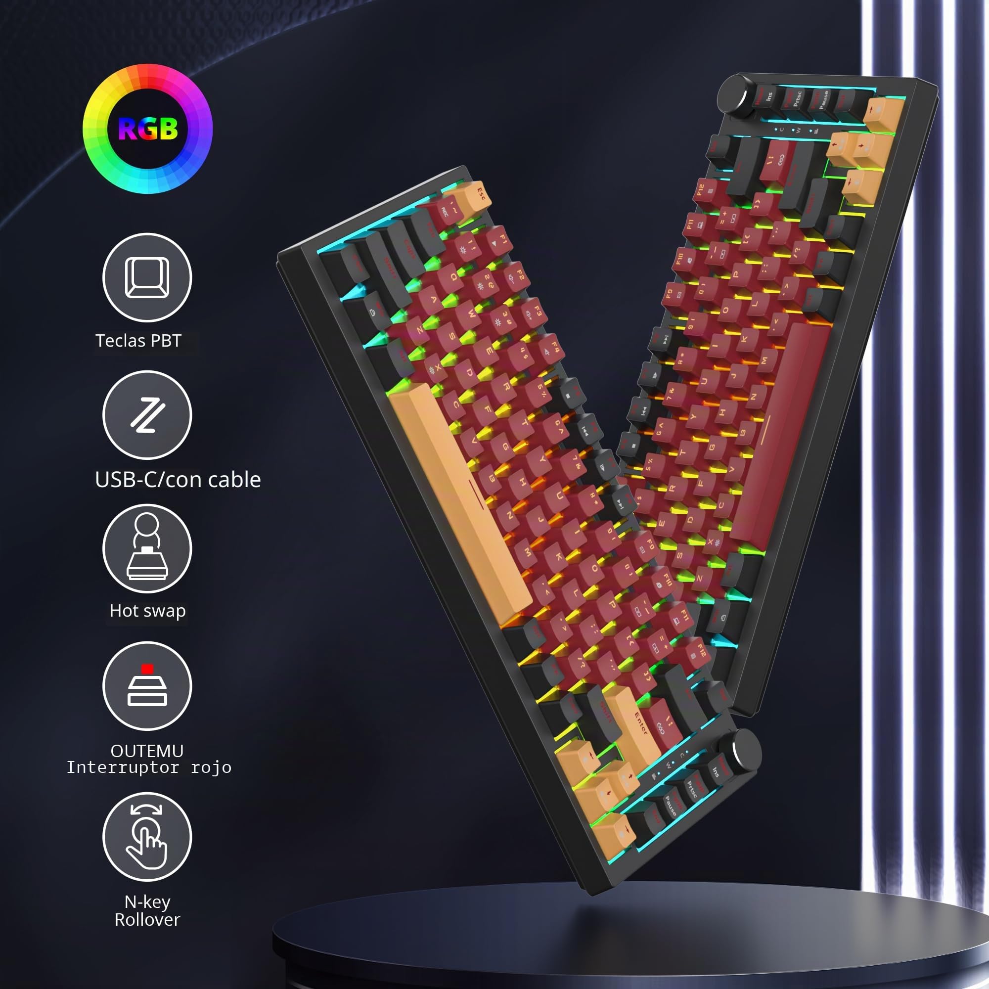 V400 Teclado Mecanico 75% Gasket Mouted, Personalizado Intercambiable En Caliente 75% TKL Cableado Mecánico RGB Teclado con Almohadillas Que Absorben El Sonido, Americano QWERTY Programable