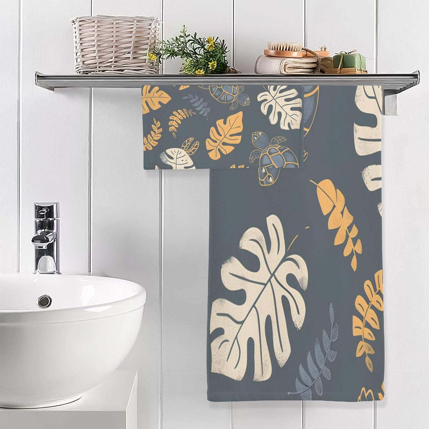 Hand Towels Premium Soft and Highly Absorbent Turtle and Leaf 2 Pcs Towels for Bathroom Set 100% Cotton Decorative Face Towels