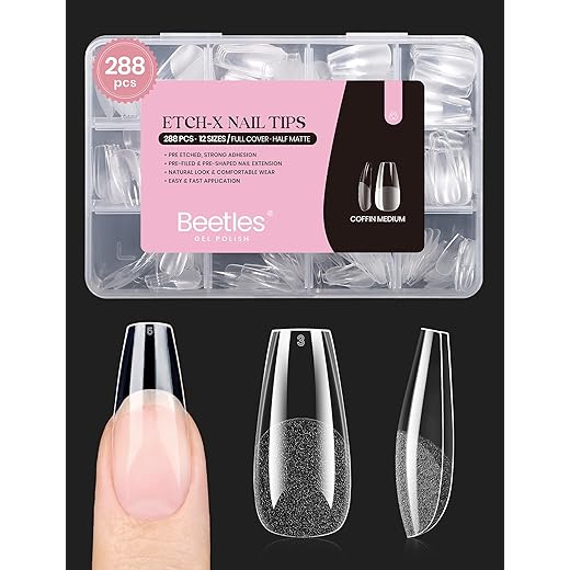 Beetles Pontas de unhas de gel médio caixão Etch X, 12 tamanhos, 288 peças, pré-moldado, capa completa, meio fosco, pontas de unhas postiças, kit de extensões de unhas postiças, kit de extensões de