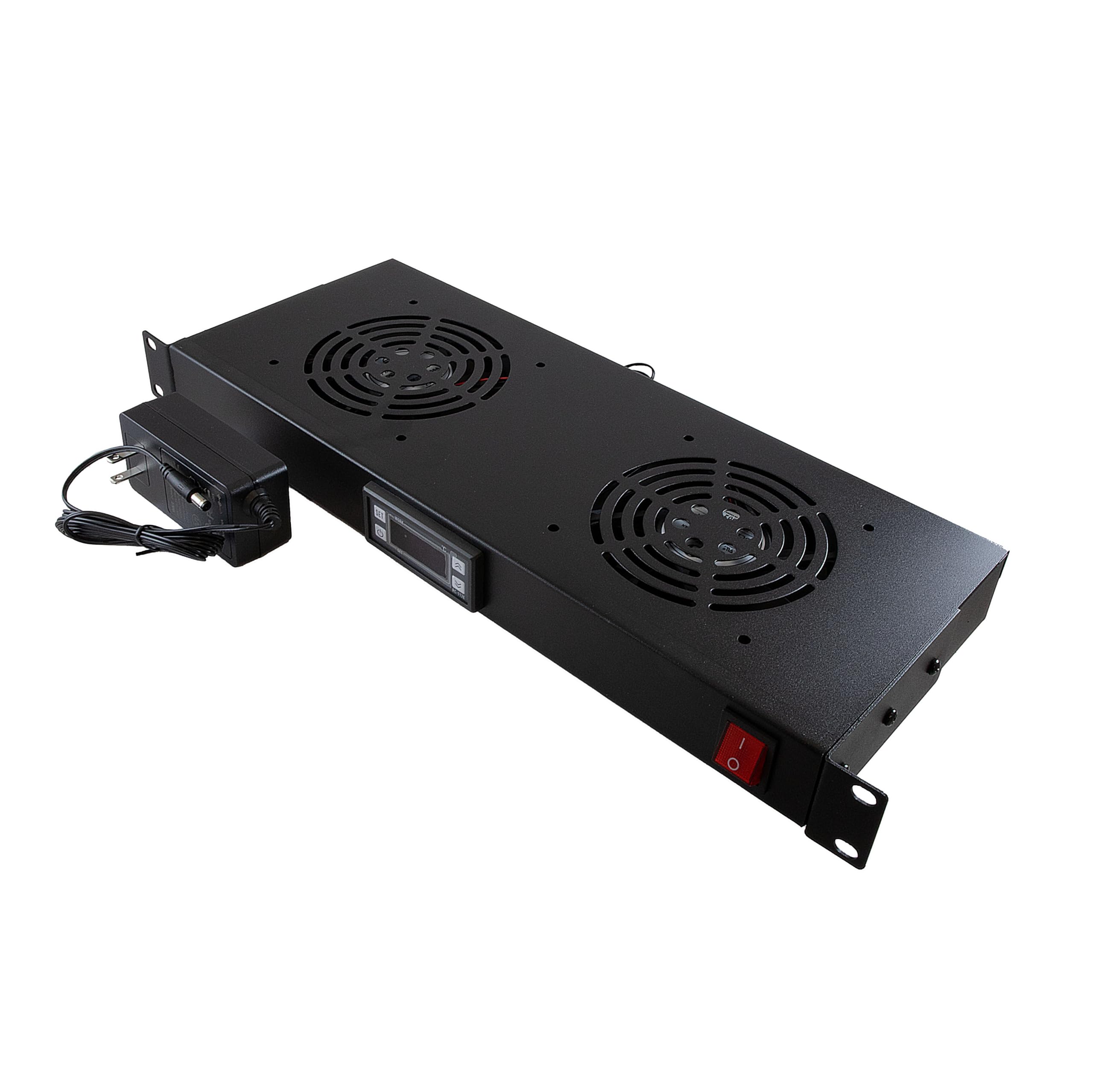 NavePoint 1U 12V DC Fan Unit with 2 Fans and Thermostat, Quiet 46.14 dB-A, 260.9 CFM, UL Power Cord with NEMA 5-15P Plug, Steel Cooling Panel for 19" Server Racks