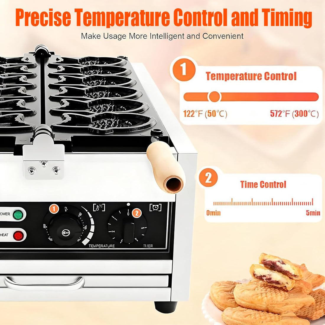 Máquina Eléctrica Taiyaki para Helado 3000w,con Diseño Doble Fila,6 Tablas Y Fuente para Hornear Teflón Antiadherente,Temperatura Ajustable 50 a 300 °c,180 ° Uniforme