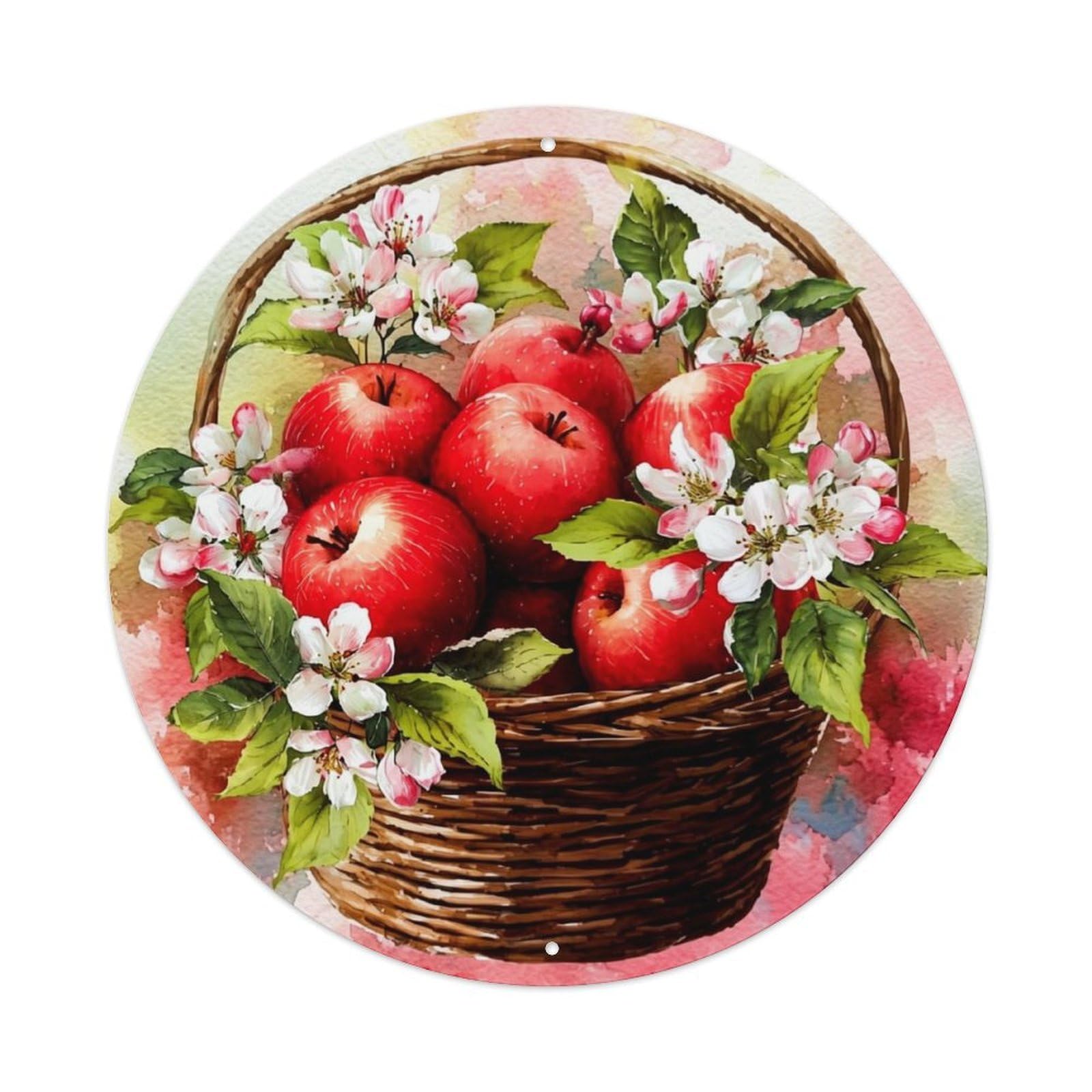 Apple Basket Floral Watercolor Art Metal Tin Sign Plaque