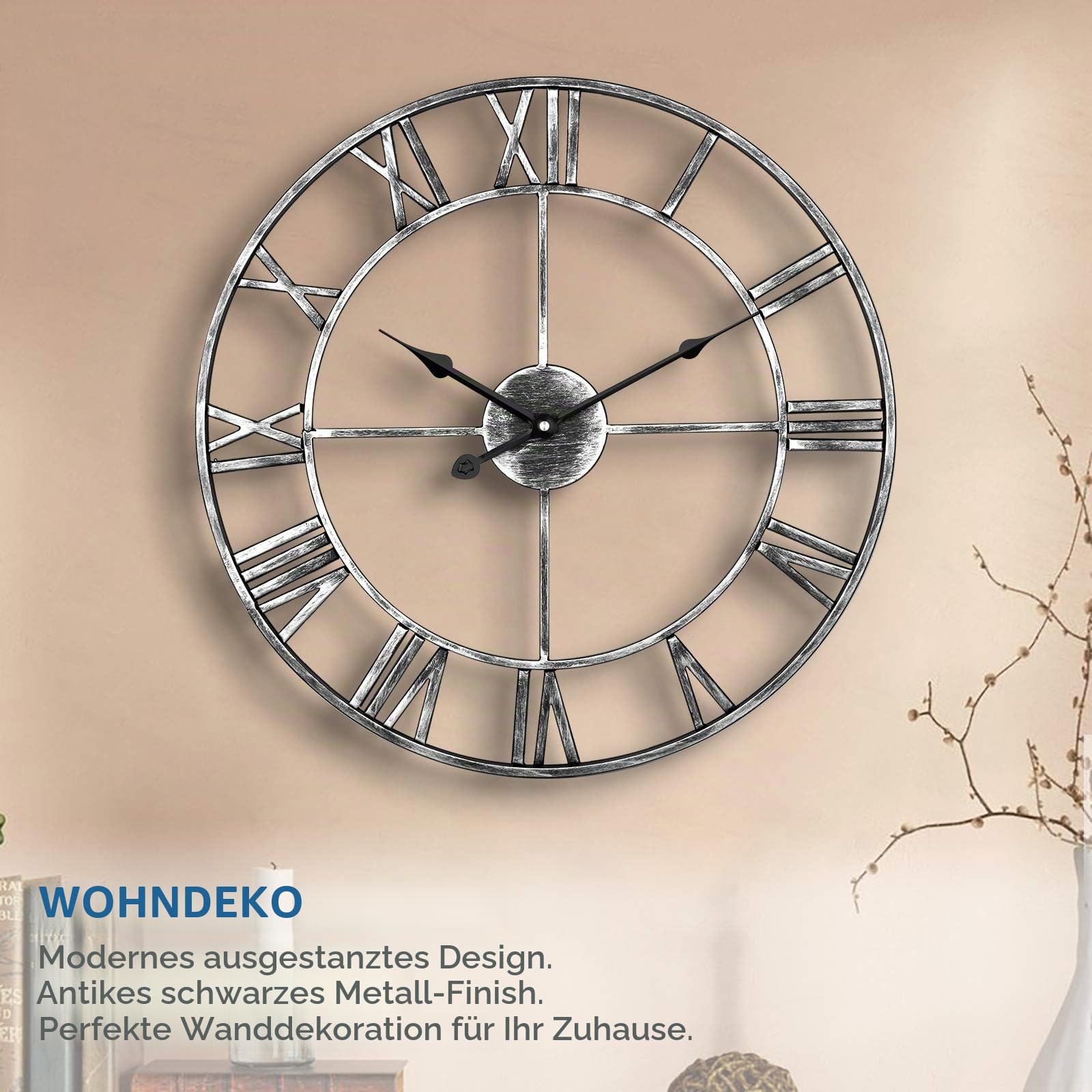 Leise Wanduhr, europäisches Bauernhaus, Vintage-Uhr mit römischen Ziffern, 47 cm, Nicht tickend, batteriebetrieben, Metallskelett, dekorative Uhr für Zuhause, Küche, Café (Silber)