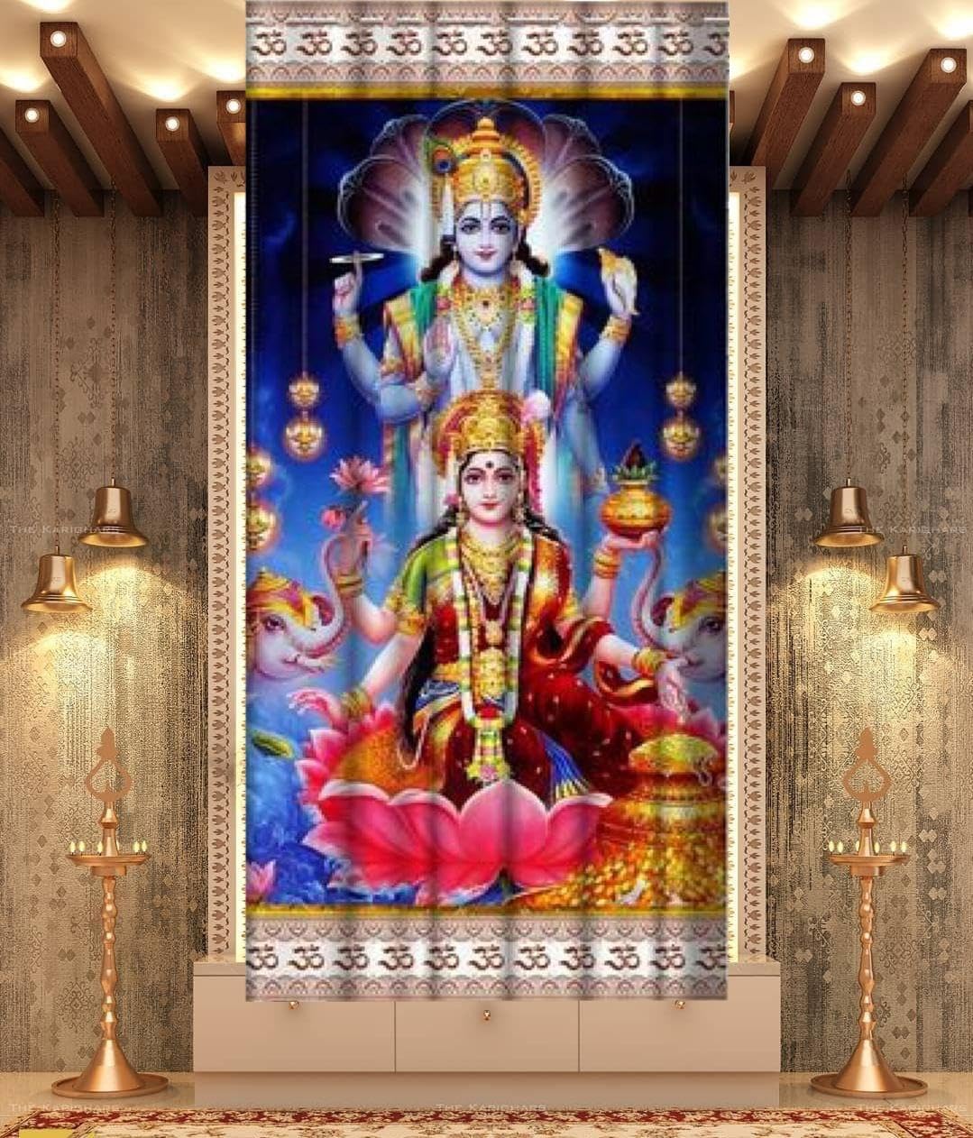 WO FLORA 3D Digital Printed Vishnu Luxmi God Curtains for Poojaroom/Luxmi MATA Pooja ghar mandir Parde Home Temple Curtain 4x9 Feet Long Door Curtain Pack of 1 Pc