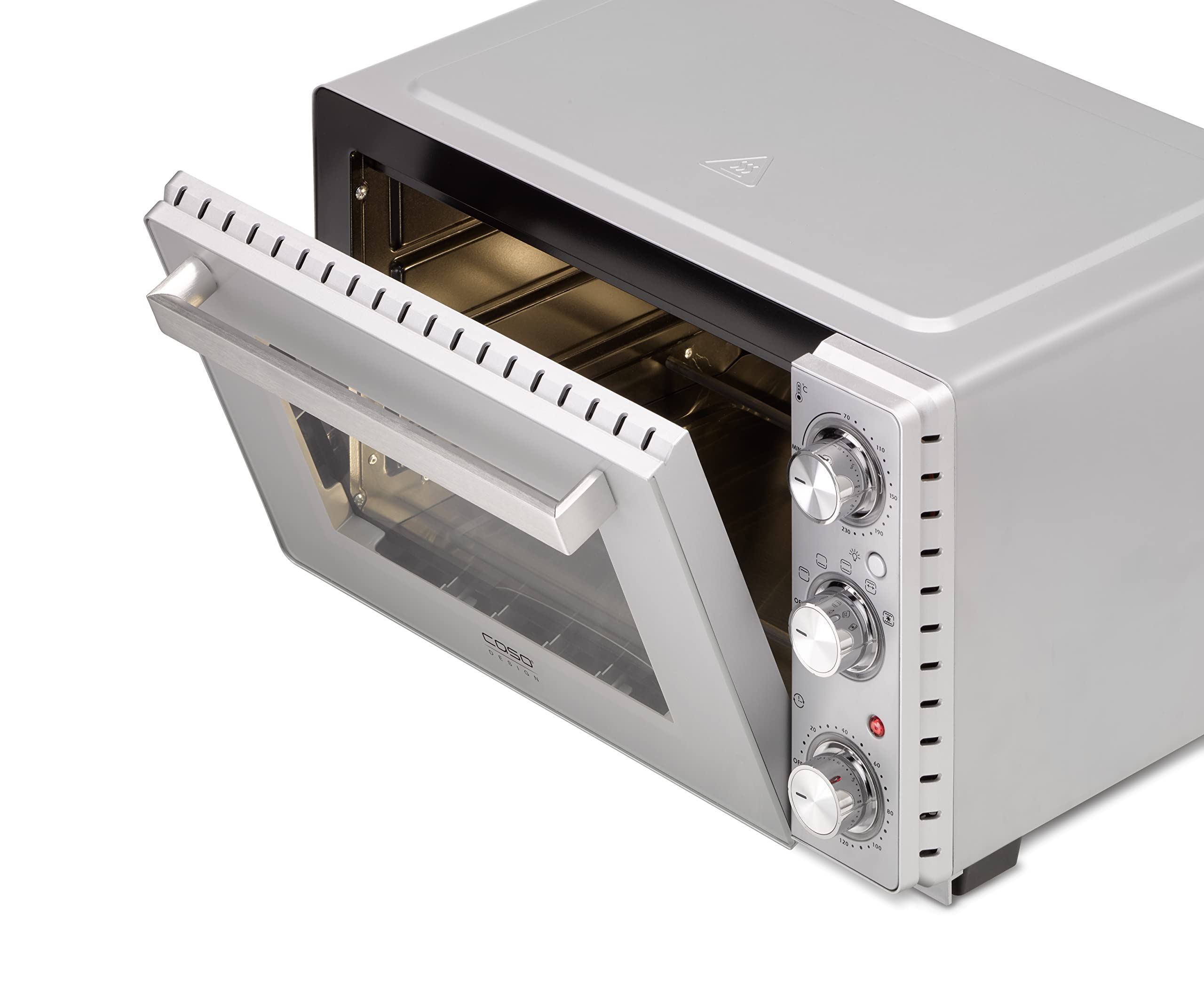 CASO TO 26 SilverStyle – designerski piekarnik, pojemność 26 l, 3 półki, 70-230 °C, w zestawie kamień do pizzy, 5-stopniowa funkcja: gorące powietrze, obrotowy rożen z silnikiem, zwycięzca testu w