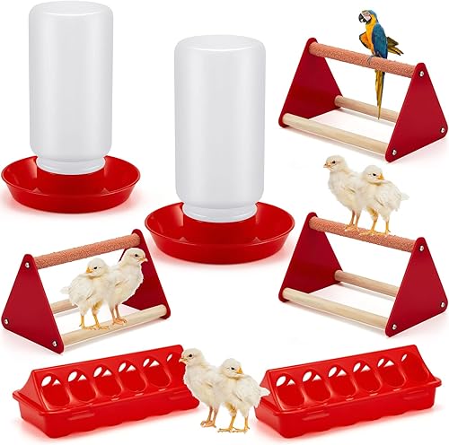 Kit de 7 comederos y bebederos para pollos para bebés con mini perca de pollo, alimentador de pollos de plástico, kit de inicio de pollos para