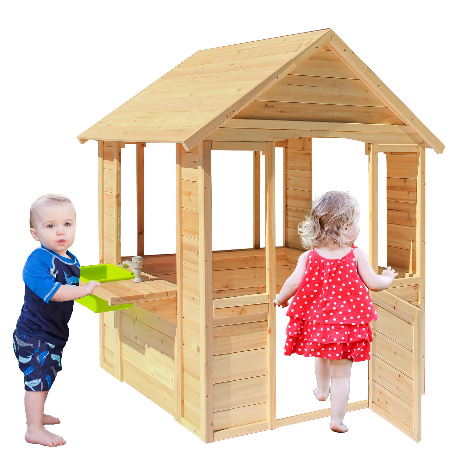 Spielhaus für Kinder im Freien, Spielhaus aus Holz im Landhausstil mit Waschbecken, Fenstern, Arbeitstür, Kochgeschirrtöpfen, Cottage-Spielhaus für den Außenbereich, Hinterhof, Terrasse (Natural)