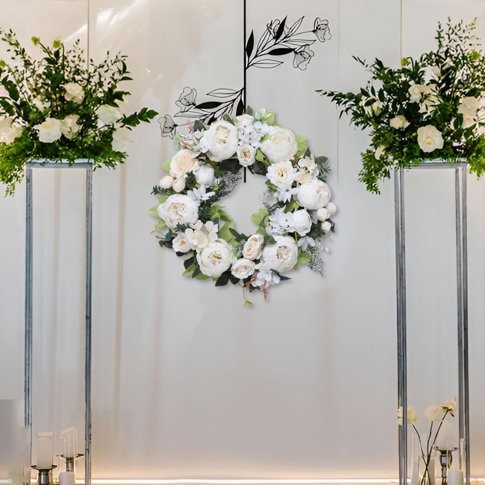 Ghirlanda Di Peonie Artificiali,Ghirlanda Primaverile in Fiori Di Seta E Plastica, Corona Di Pasqua Da 45 Cm Di Diametro per Matrimoni, Feste, Porte D'ingresso, Pareti, Finestre, Bianco