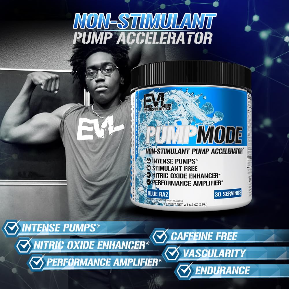 EVL PumpMode Nitric Oxide Supplement - Nitric Oxide Booster Pump Pre Workout Powder with Glycerol and Betaine for Muscle Recovery Growth and Endurance - Stim Free Pre Workout Drink (Blue Raz) — Amazon image 6
