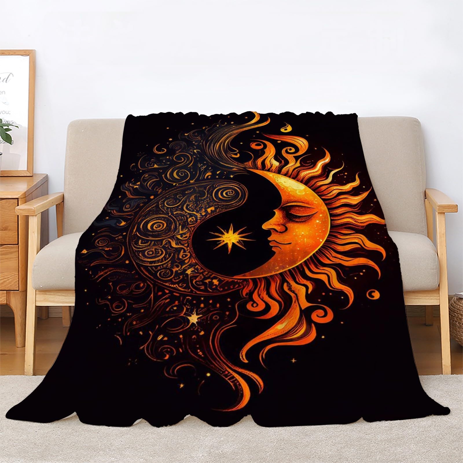 Puszysty koc do wtulania się w słońce i księżyc, 200 x 200 cm, miękki i dwustronny koc polarowy, idealny koc na sofę dla wszystkich, przytulny koc na sofę i łóżko, LG107