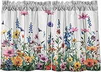 Vista 41 de Cortina de café de media ventana, cortinas de nivel para baño, cocina, dormitorio, sala de estar, juego de 2 paneles de flores
