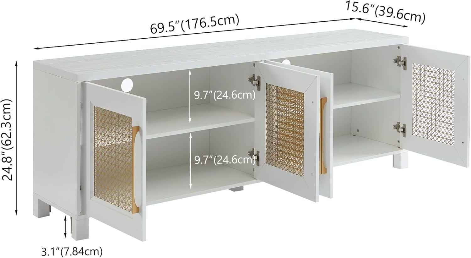 Mid Century Modern TV Stand for TVs up to 75", 69.5" White Entertainment Center with 4 Gold Metal Mesh Doors - Wood Grain MDF TV Console, Media Storage