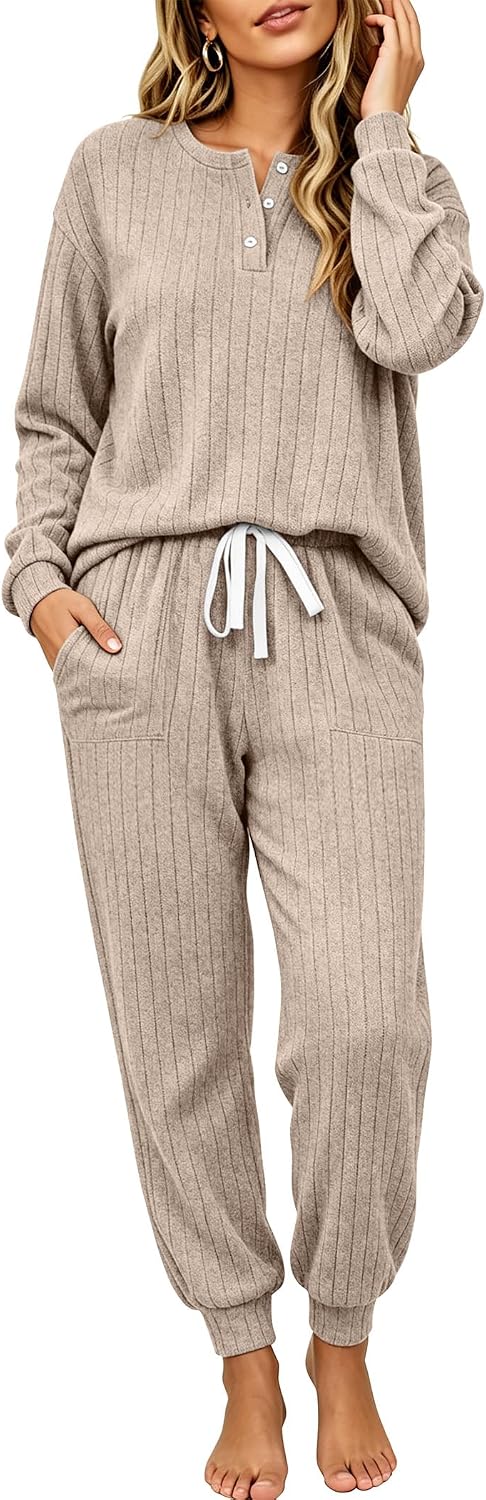 Ekouaer Womens Pajamas Set Knit Pjs Long Sleeve Lounge Set Soft Loungewear
