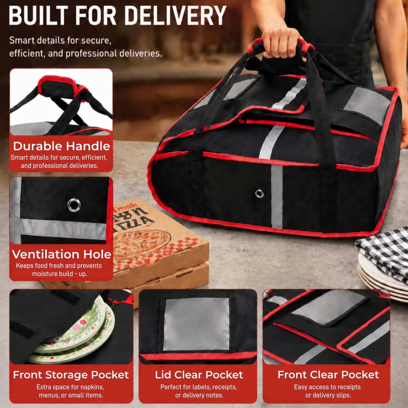 Bolsa térmica profesional para pizza de 50.8 x 50.8 x 20.3 cm, soporte de pizza grande y resistente, bolsa de entrega de alimentos fríos y calientes para catering, guiso de alimentos, color