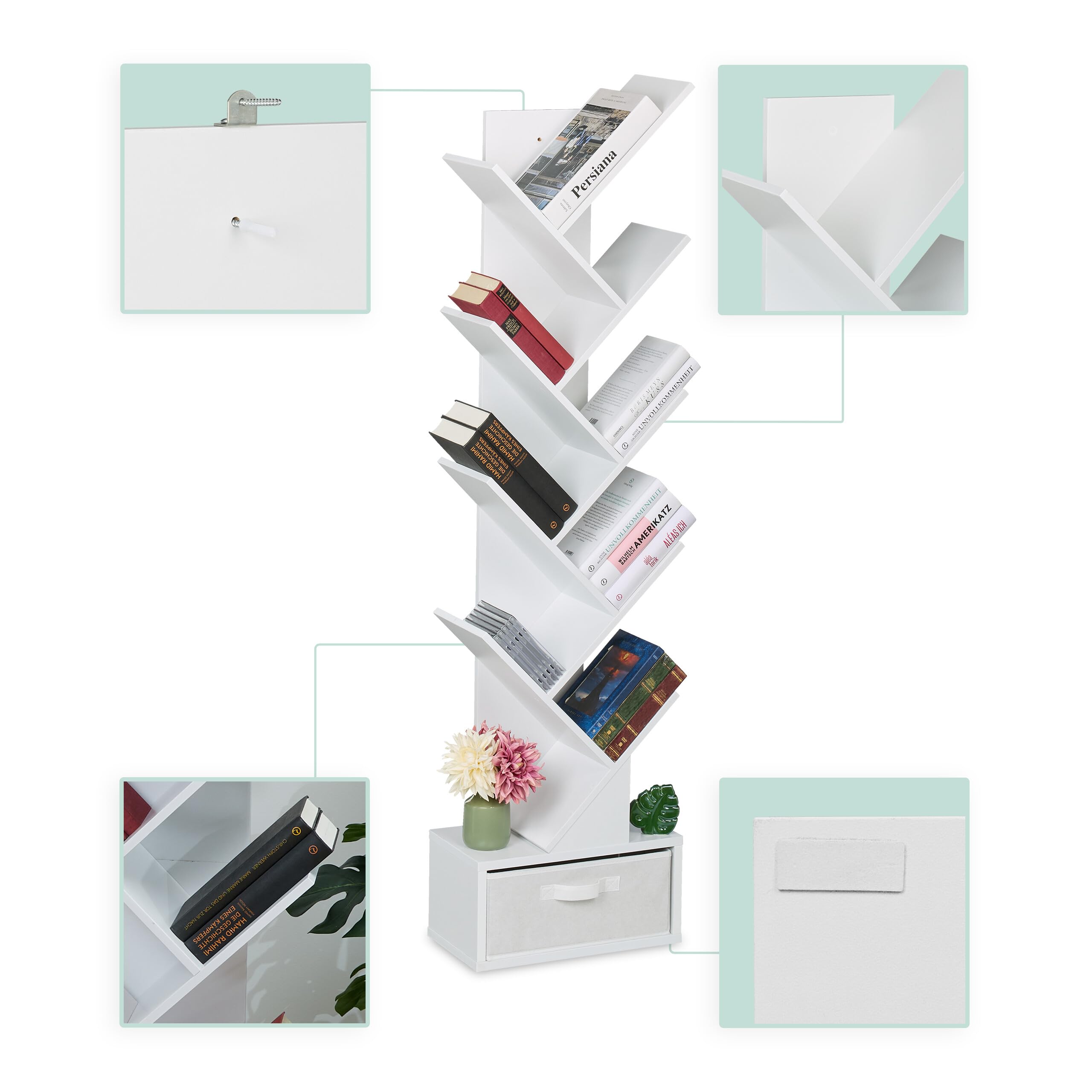 Relaxdays Petite bibliothèque prenant la Forme d'un Arbre, 9 Branches, H x L x P : 146 x 38 x 22 cm, Blanche