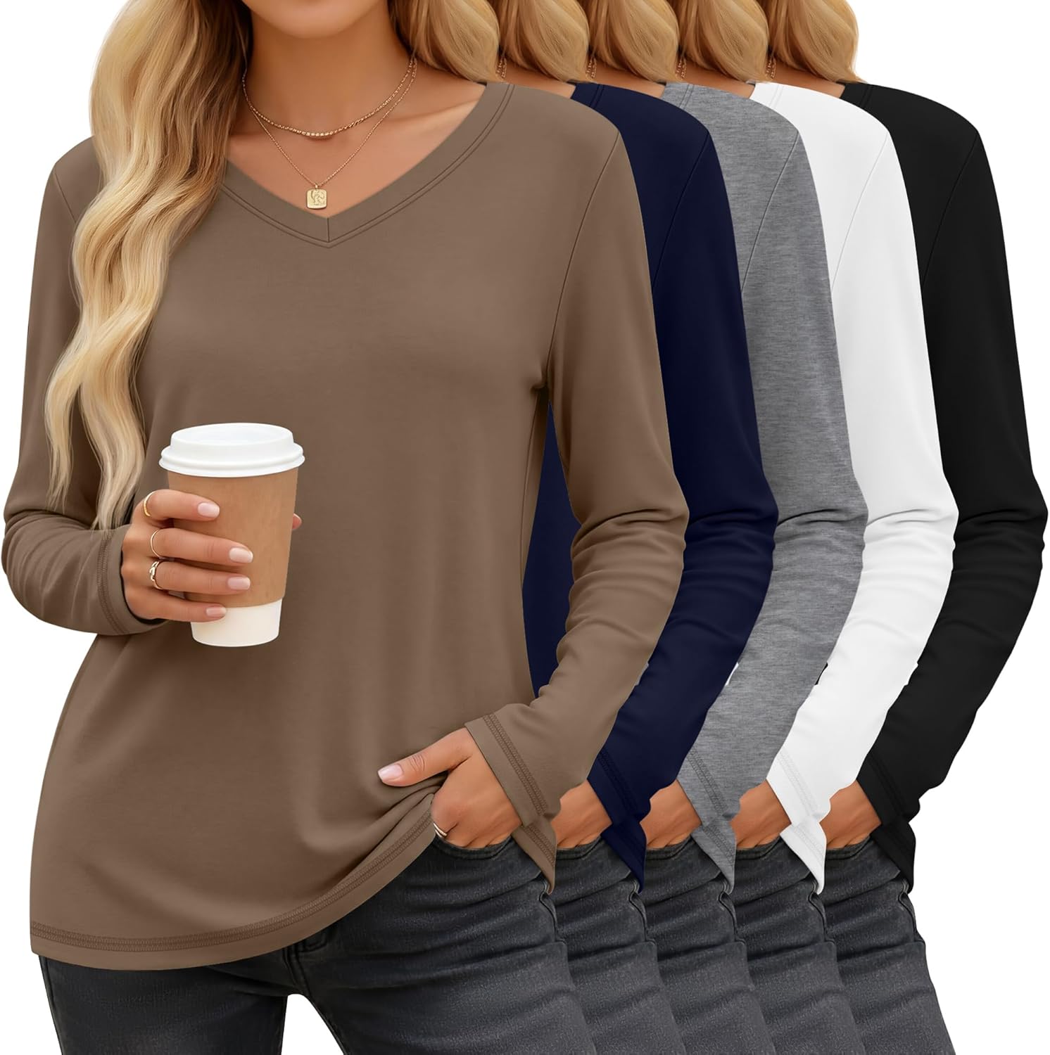 Neer 5 Pack Women's Long Sleeve Shirts, V Neck Tops Loose Fit Basic Tees Solid Trendy Fall Casual Blouses