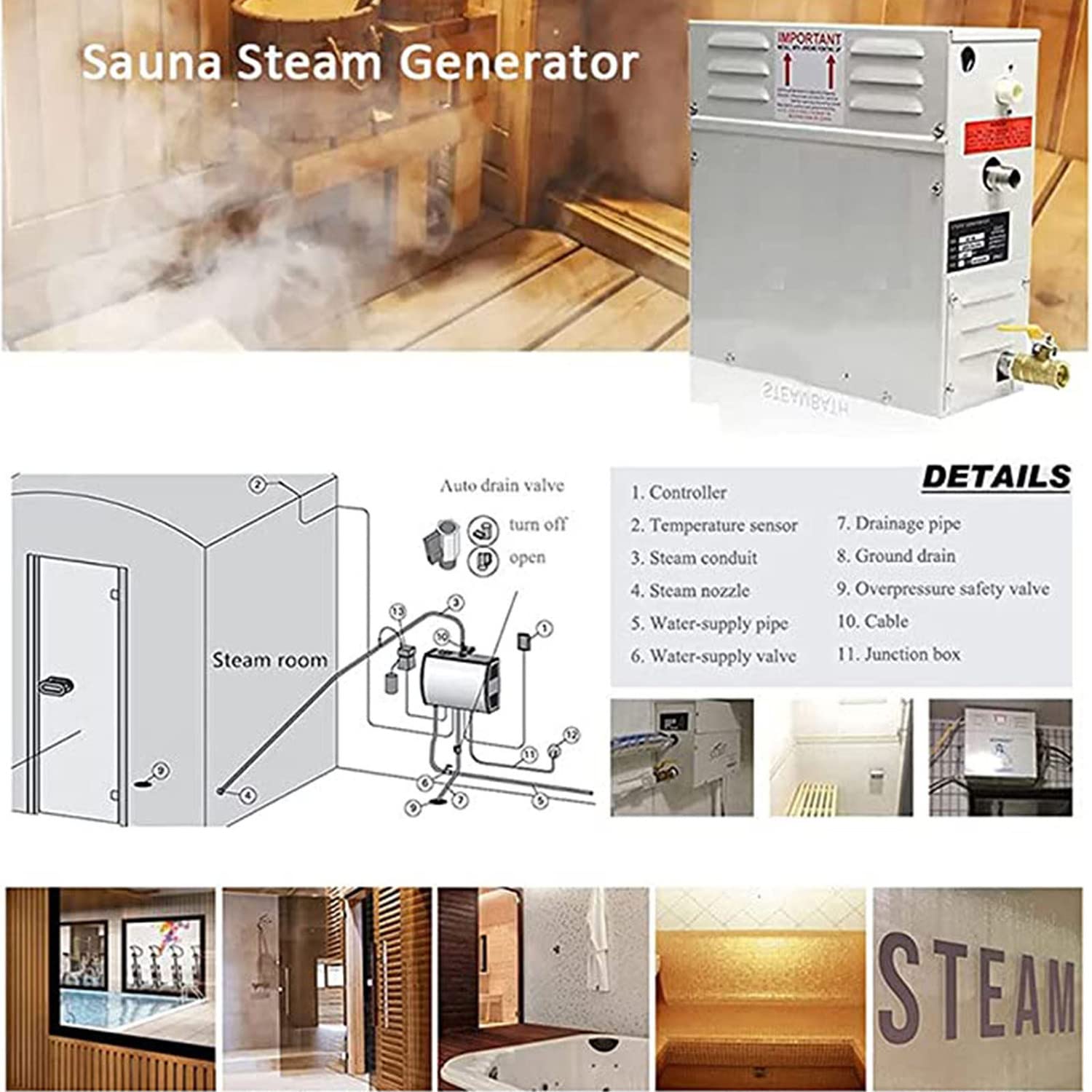 Generador de Vapor para Sauna/Baño Turco/Ducha Dentro de 20m³ 380V｜Conservación Automática del Calor 25-55℃ con Panel de Control,para Hogar Gimnasio Hotel Salón de Belleza 220V-4.5KW
