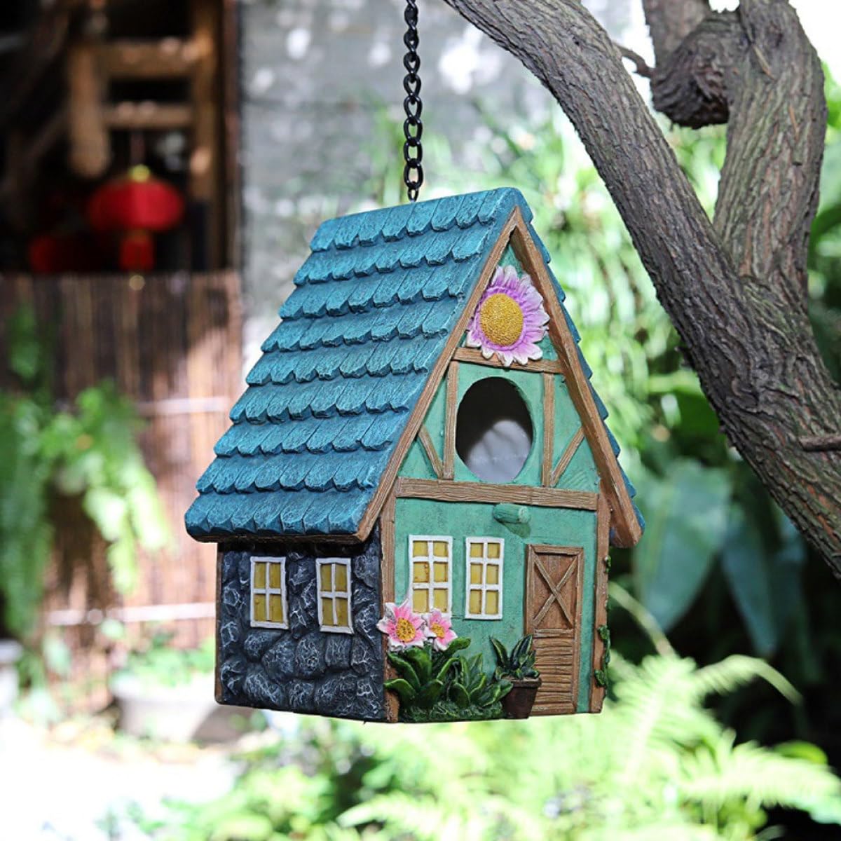 VILLCASE Nido de Pájaro Colgante de Resina Estilo Rústico, Lugar Cálido y Protegido para Aves, Fácil de Colgar, Decoración para Jardín Exterior y Patio