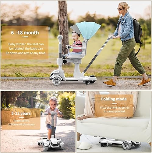 Miniatura 2 de Patinete para niños, 3-1 con cochecito de bebé, scooter plegable de 5 alturas para niños de 2 a 5, 3 ruedas con ruedas LED, parasol portátil, con