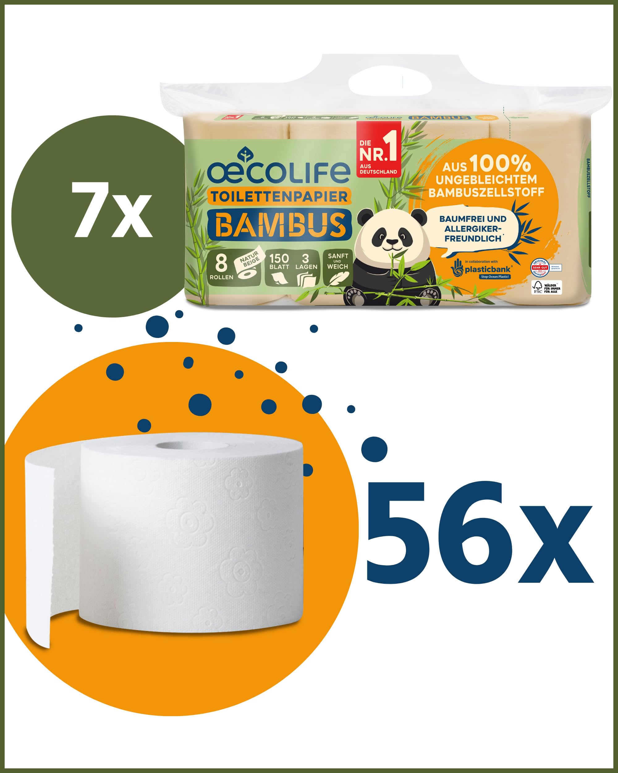 œcolife Toilettenpapier Bambus 3-lagig, 56 Rollen Klopapier superweich | superweich, plastikfrei verpackt, vegan, Verpackung mit 60% PCR-Anteil
