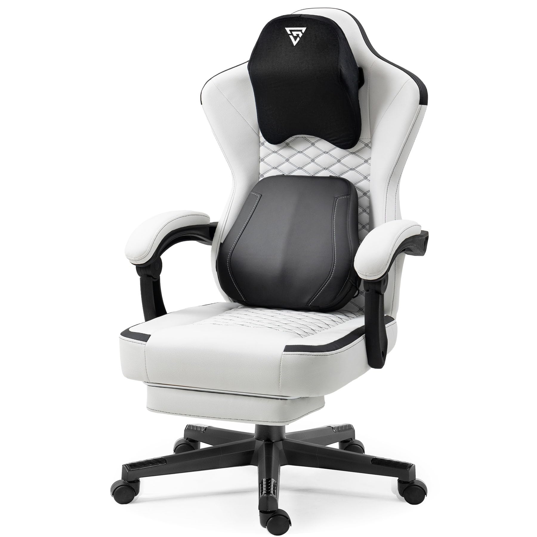 Gamer Chairs for Adults, Ergonomic Gaming Chair with Massager &amp; Footrest, Video Game Chairs with Swivel Seat and Headrest (White)