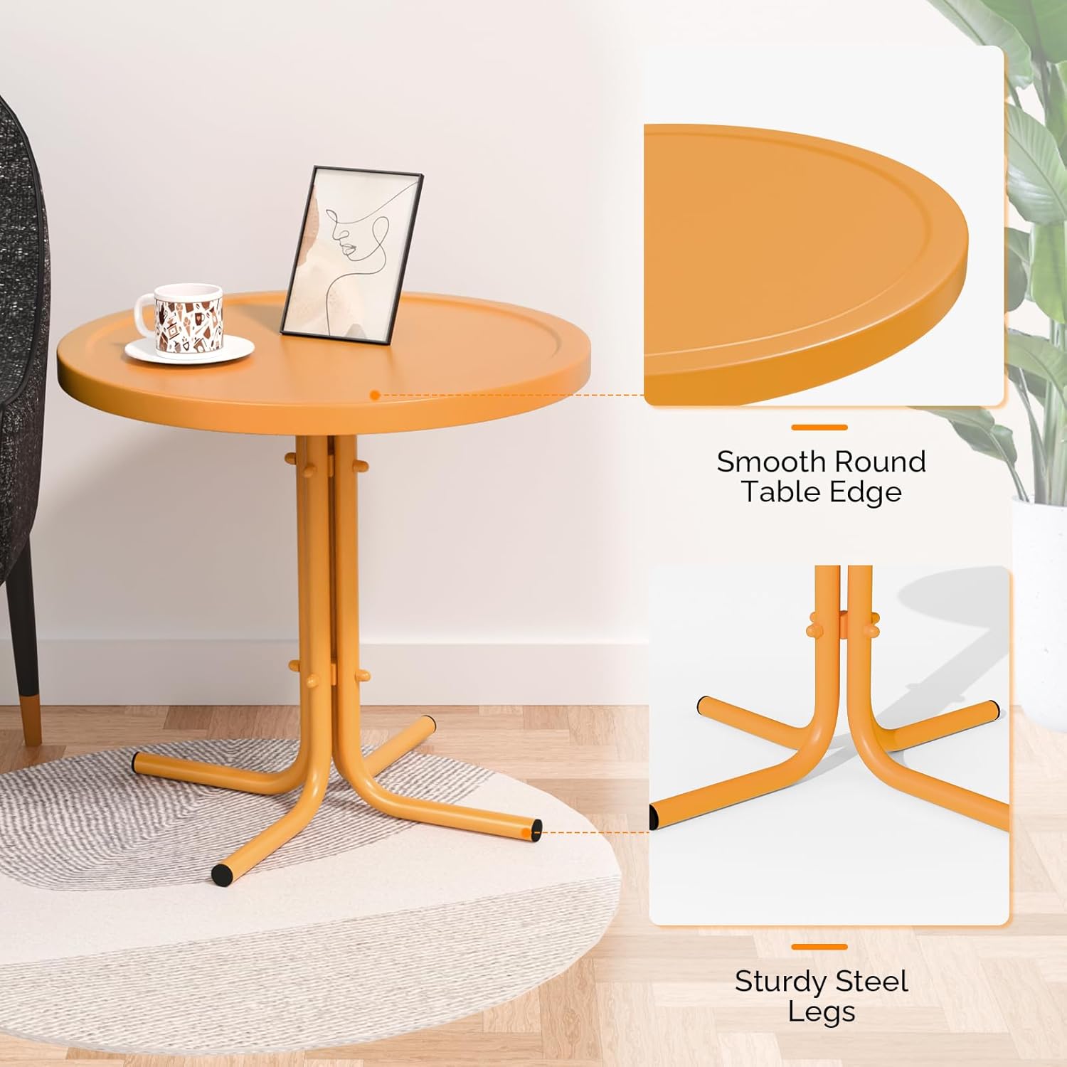 VINGLI Outdoor Side Table, Round Metal Patio Side Table End Table for Garden, Balcony, Porch and Living Room (Tangerine)