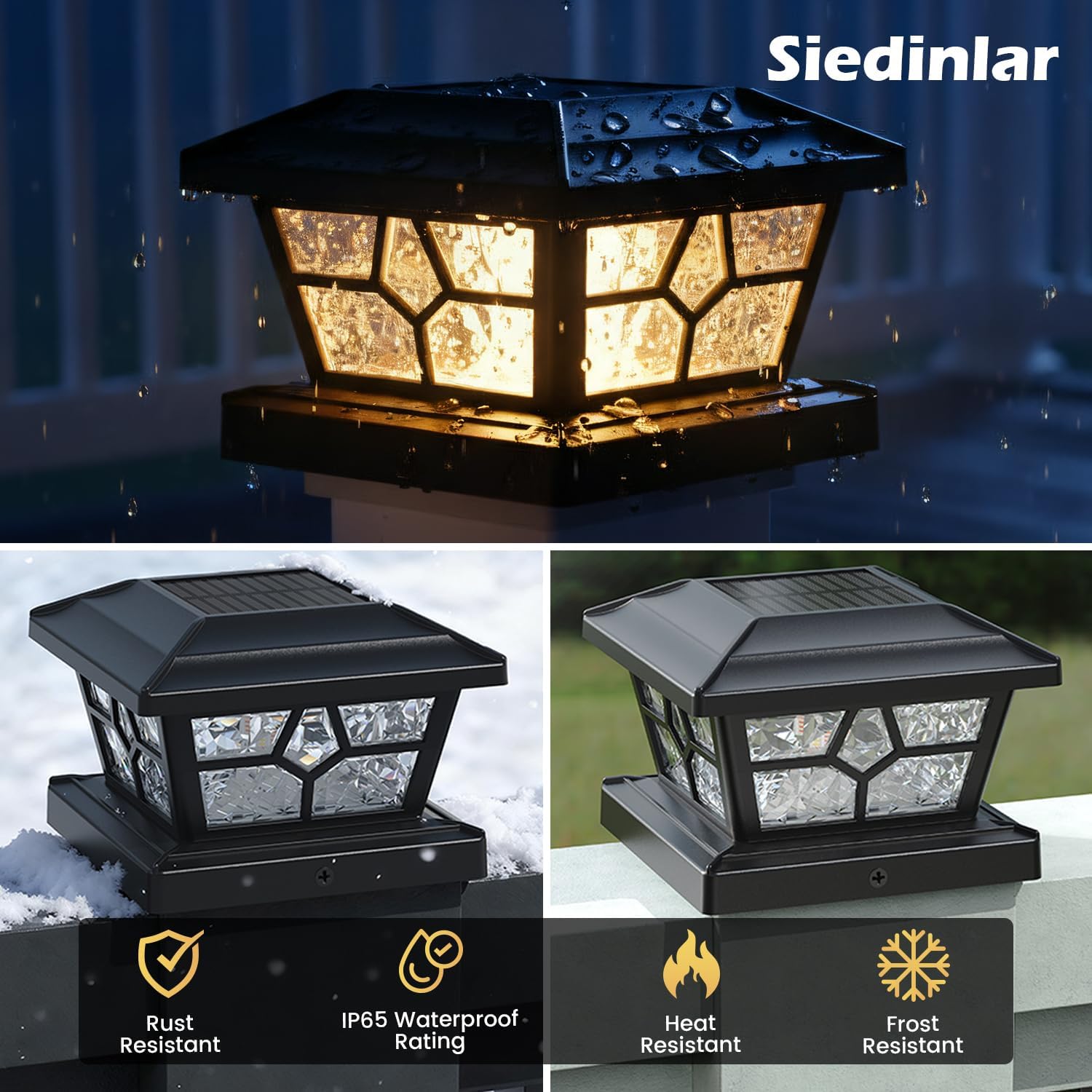SIEDiNLAR Solar Post Lights Outdoor 6 Pack 4 Modes 40 LEDs Deck Fence Post Cap Light for 4x4 5x5 6x6 Wooden/Vinyl Posts Patio Decor, Warm/White Dynamic Lighting (Black)