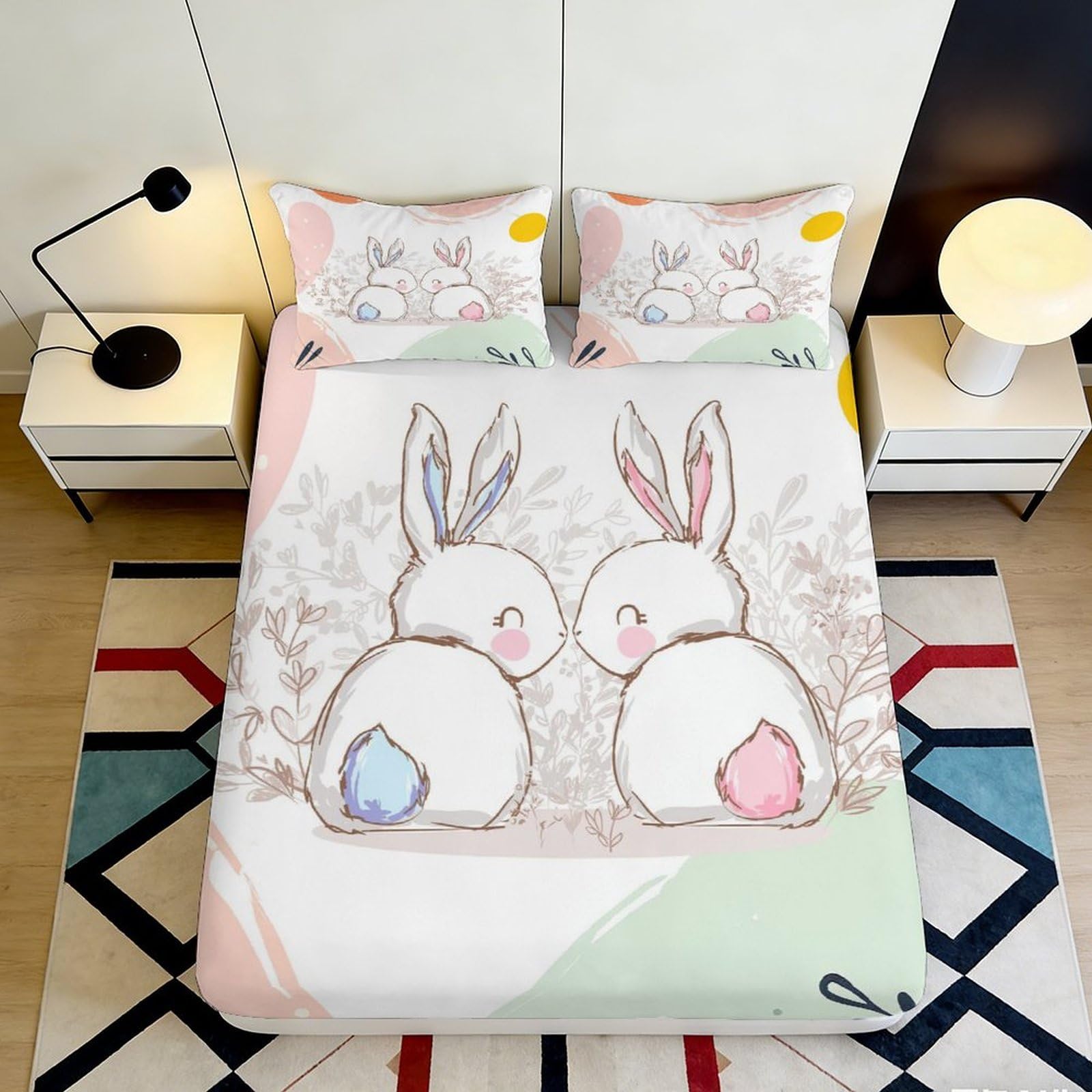 3D Printed Cute Rabbit Fitted Sheet Microfiber Soft Breathable Pastel Bed Sheet for Bedroom Dormitory Guest Room Mattress Protection Decor 180x200x25cm