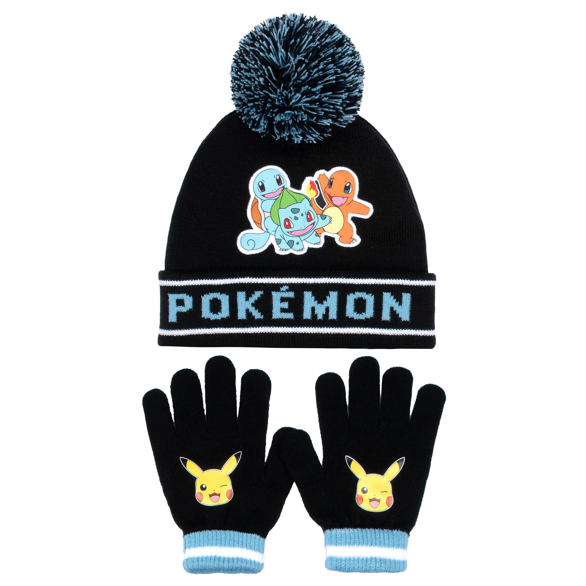 Pokémon Blue Pokemon - Winter Warm & Comfy Beanie Hat & Gloves Set For Boys - Pikachu Design - Perfect For Boys 6-12 Years - Gift Set - Black