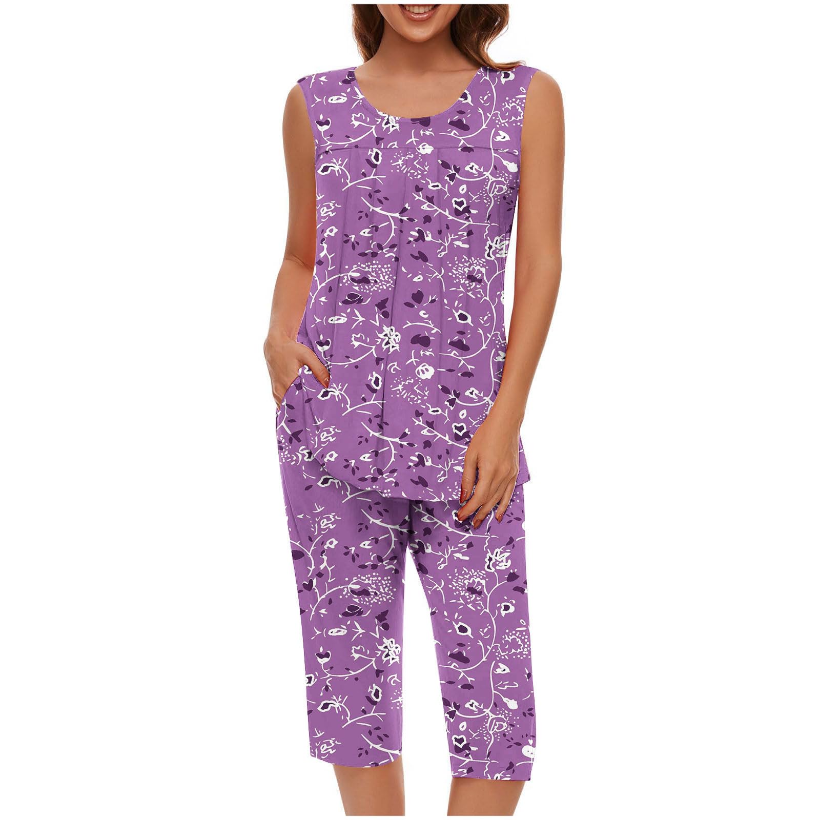 Pajama Sets for Women Summer Plus Size Lounge Sleepwear Loose Sleeveless Tops Printed Bermuda Shorts with Pockets — view 21