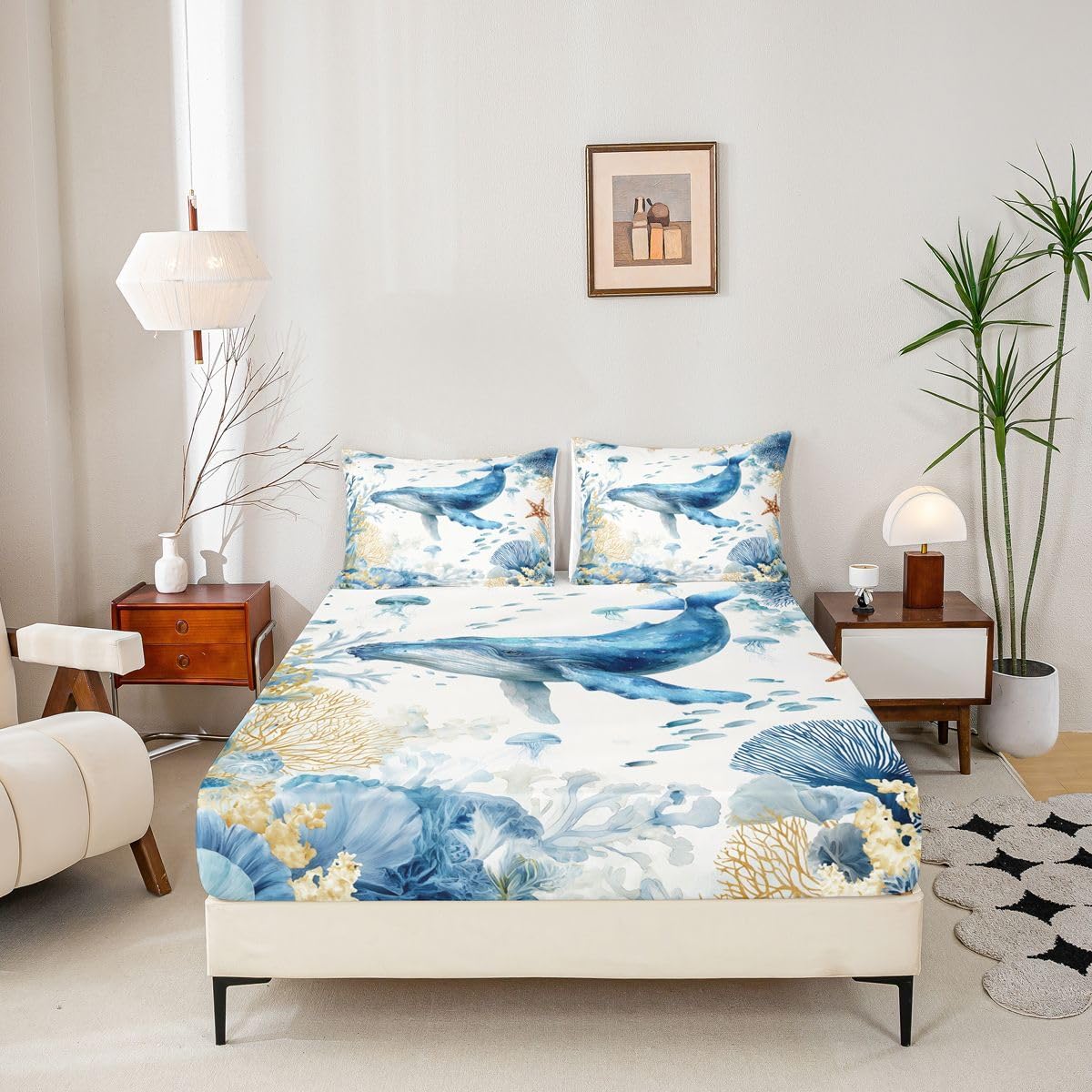 Nautical Coastal Beach Fitted Sheet Full Ocean Themed Whale Bed Sheets Nautical Sea Animal Bedding Set for Kids Boys Girls,Summer Coastal Tropical Bed Cover 3 Pcs
