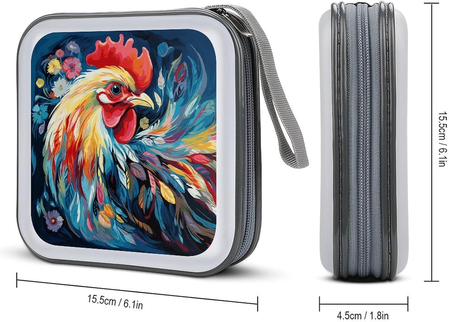 Art Colorful Chicken Plastic CD Case, 40 Capacity DVD Case Portable Zipper Holder with Handle, CD Storage Box for Car Home Office Travel image 2