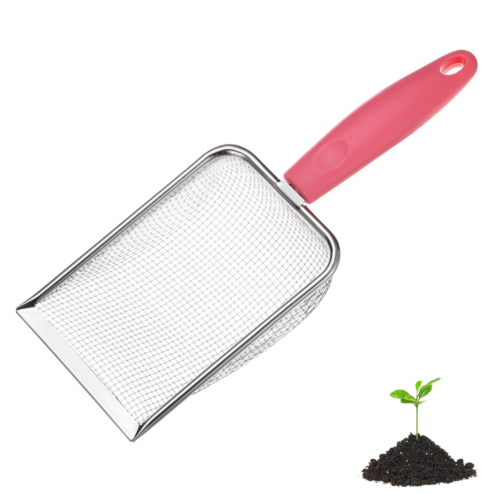 M METERXITY 1-Pack Gardening Soil Sifter, 2.8 mm Mesh Stainless Steel Portable Gardening Sifter with Plastic Handle for Sand/Dirt/Rock Compost [White, Pink]