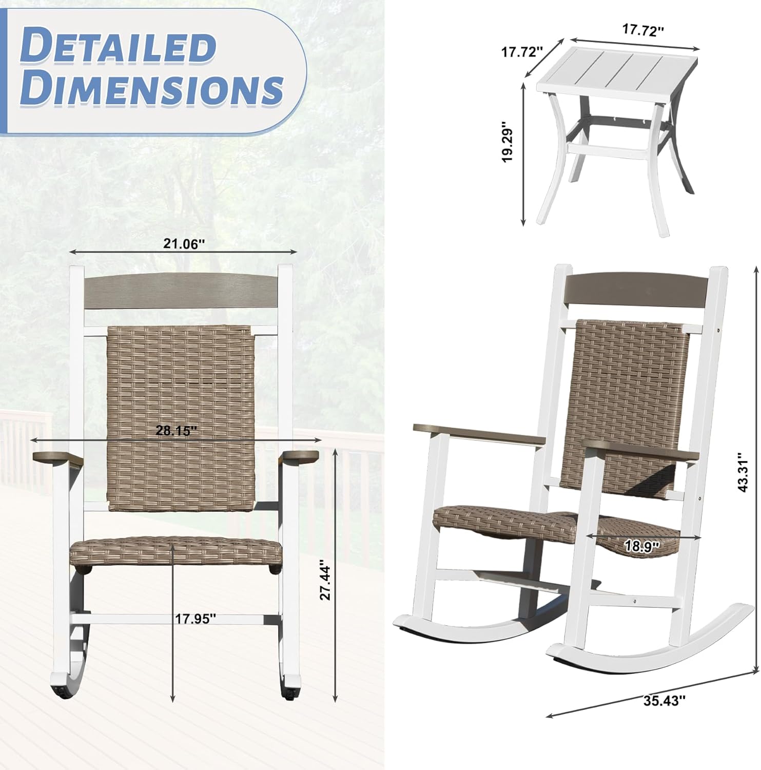 Outdoor Wicker Rocking Chairs Set of 3, 2 Chairs Made of Metal & Rattan + 1 All Metal Table, Oversized Patio Rocker with High Back for Adults, All-Weather Outside Furniture, White & Brown