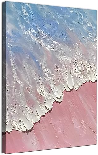 Lienzo de playa rosa para pared, póster abstracto de océano azul, imagen de ola blanca, lienzo de paisaje marino rosa, azul, pintura de paisaje