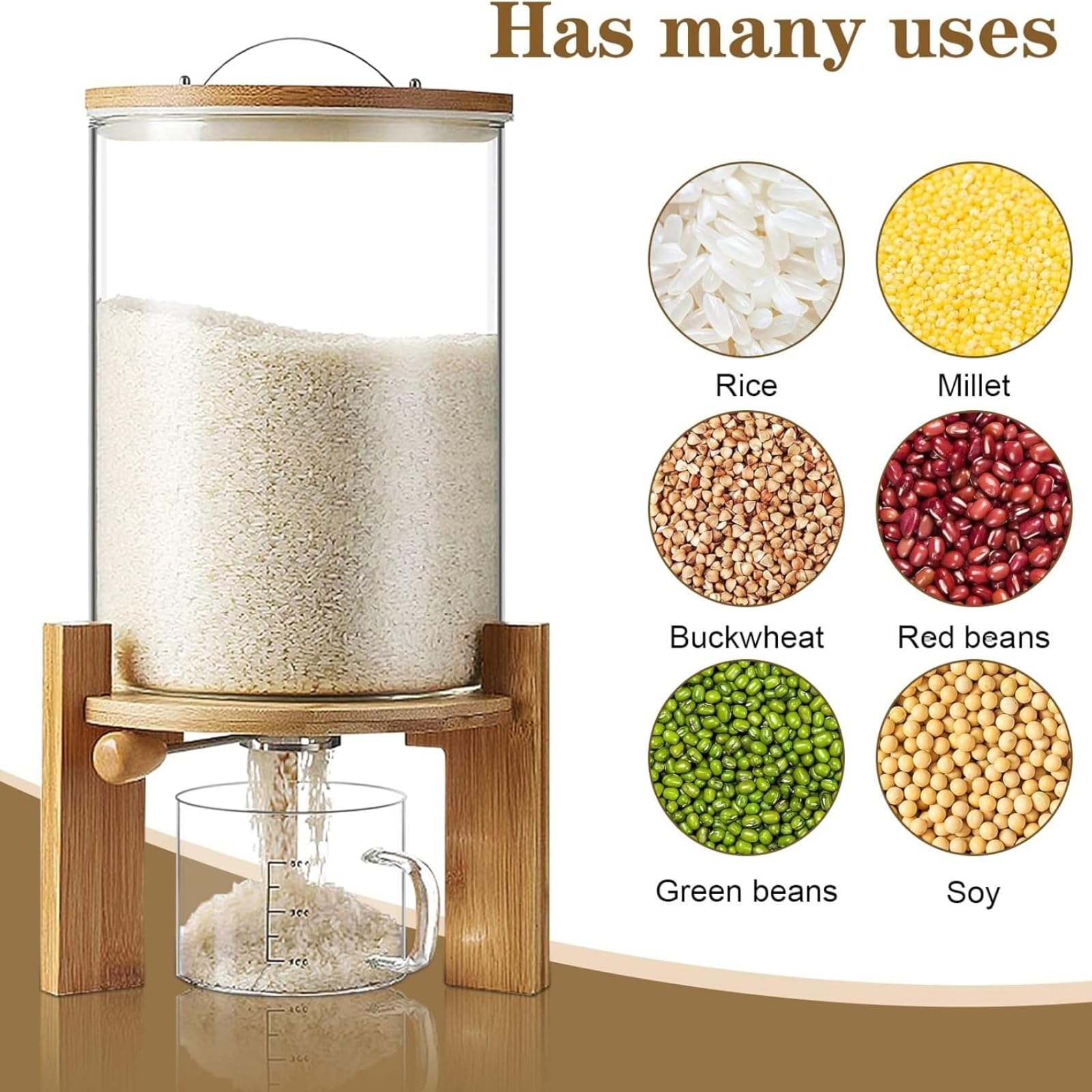 Reisspender, Müslispender Glas, Vorratsdosen Glas mit Deckel, Lebensmittelspender mit Glas Messbecher für Bohnen Reis Cereal Getreide, Feuchtigkeits und Staubdicht(Size:7.5L)
