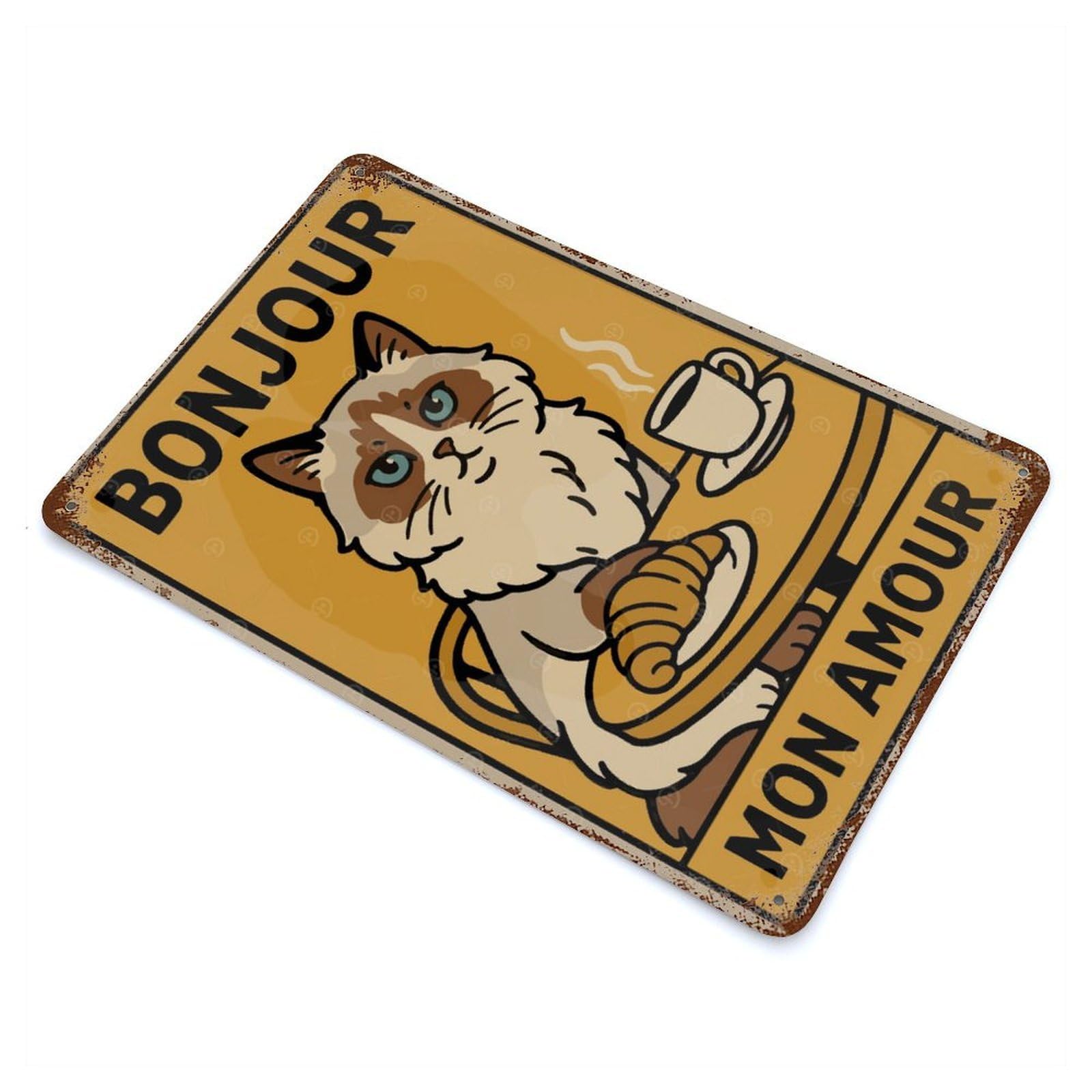 Rusty Metal Tin Sign Bonjour Mon Amour Cat Illustration 11.8"x7.9", Industrial Home Decor for Patio, Garden Room And Bar Decor