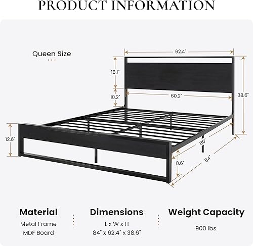 Miniatura 2 de SHA CERLIN Base de cama tamaño Queen con cabecera de madera, plataforma de soporte de listones de metal resistente, no necesita somier, negro