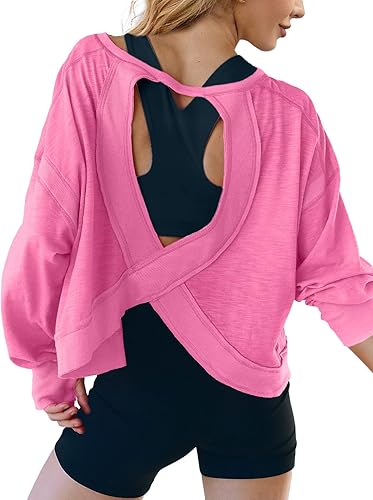 Miniatura 3 de UNIANKIYA Camisetas deportivas de bajo impacto con espalda abierta para mujer, de manga larga, recortadas, para gimnasio, correr, yoga, deportes de
