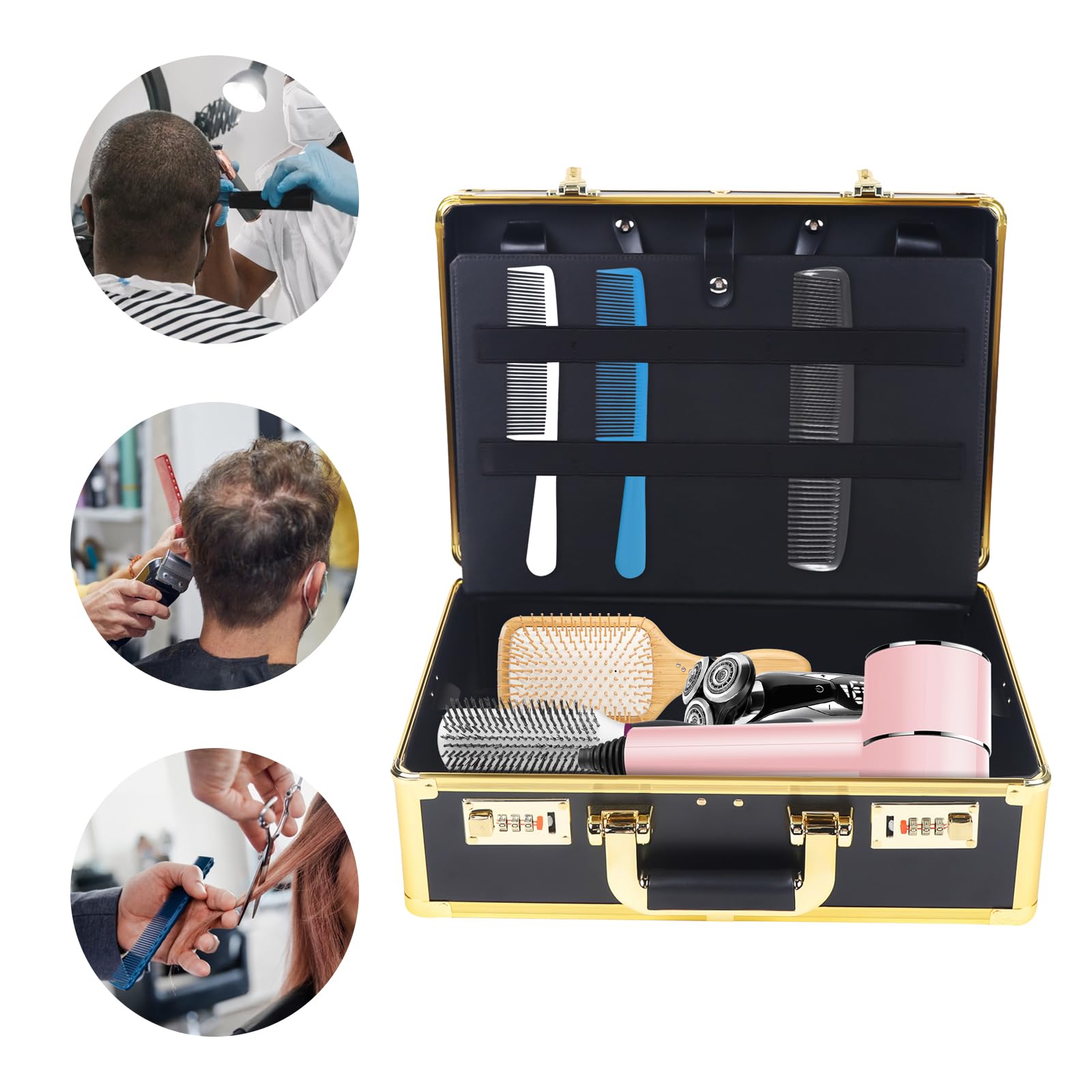 Barber Stylist Salon Koffer Tragetasche Modern Tragbarer Friseursalon Stylist Mit Koffer Friseur Koffer Ideal für die Aufbewahrung von Trimmern Kämmen Bürsten und Anderen Stylingwerkzeugen (Gold)