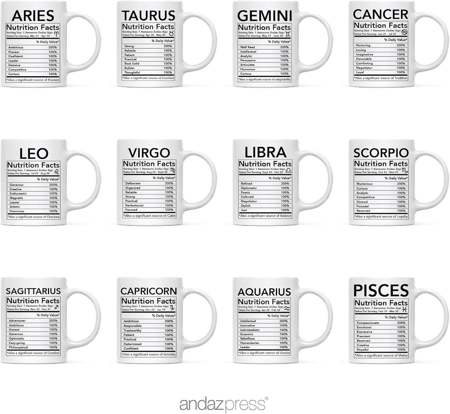 Andaz Press Astrological Zodiac Star Sign 11oz. Coffee Mug Gift, Scorpio Characteristics Nutritional Facts, 1-Pack, Horoscope Scorpio Birthday Christmas Office Cup Gifts Ideas
