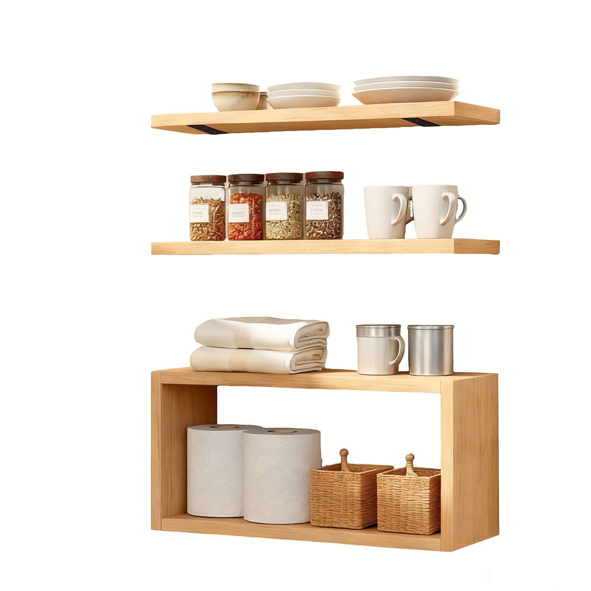 Photo 1 of Ypvxe Wall Mounted Floating Shelf, c Long for Bedroom Living Room Kitchen Staircase Bathroom Above Toilet Wall Decoration Book Storage Room Recoration (3piece Set) Natural Wood Color