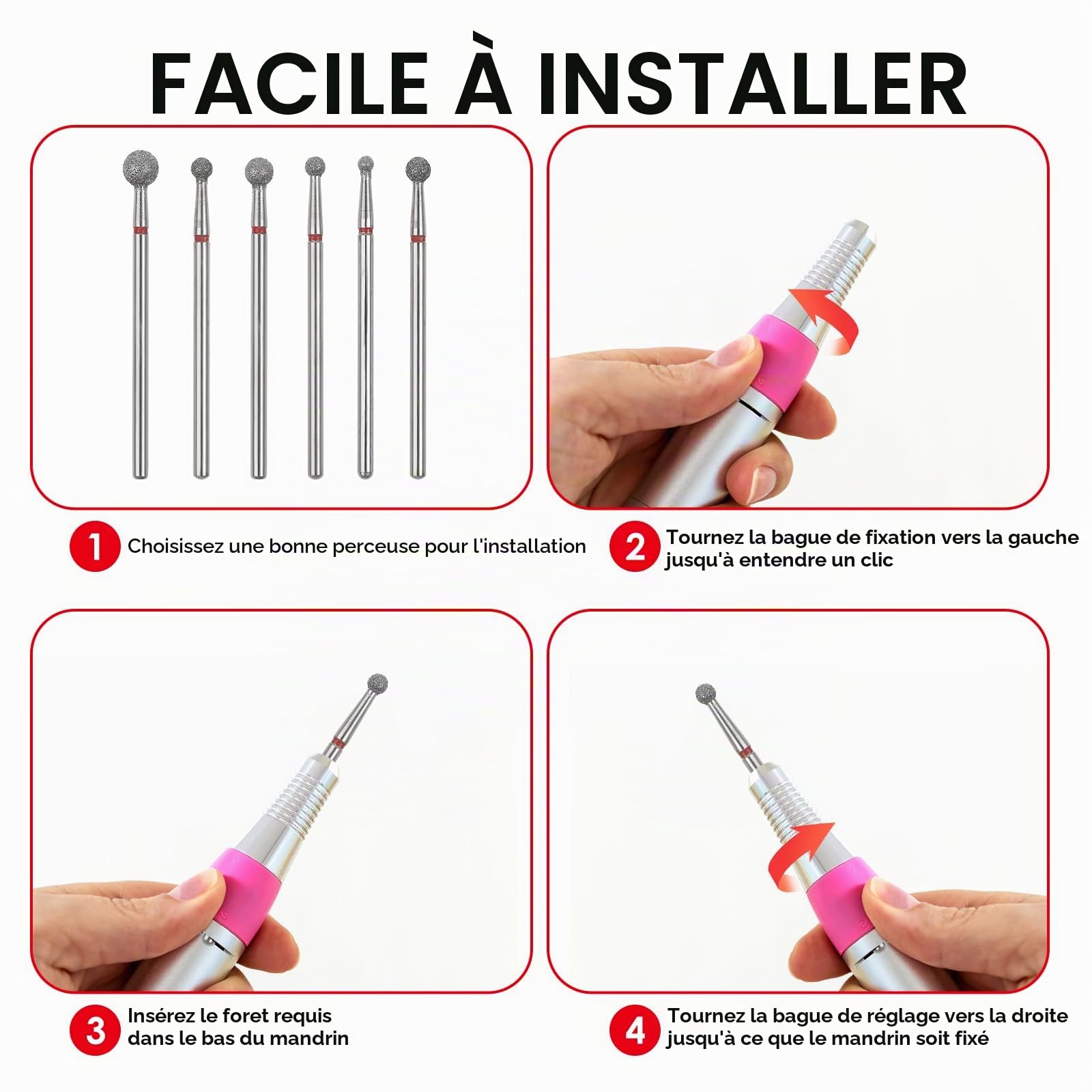 Sibba Lot de 6 Forets À Cuticules en Acier Inoxydable Avec Étui pour Manucure Pédicure Lime À Polir Têtes de Meulage Outils Professionnels en Métal Carbure pour Ongles en Gel Acrylique