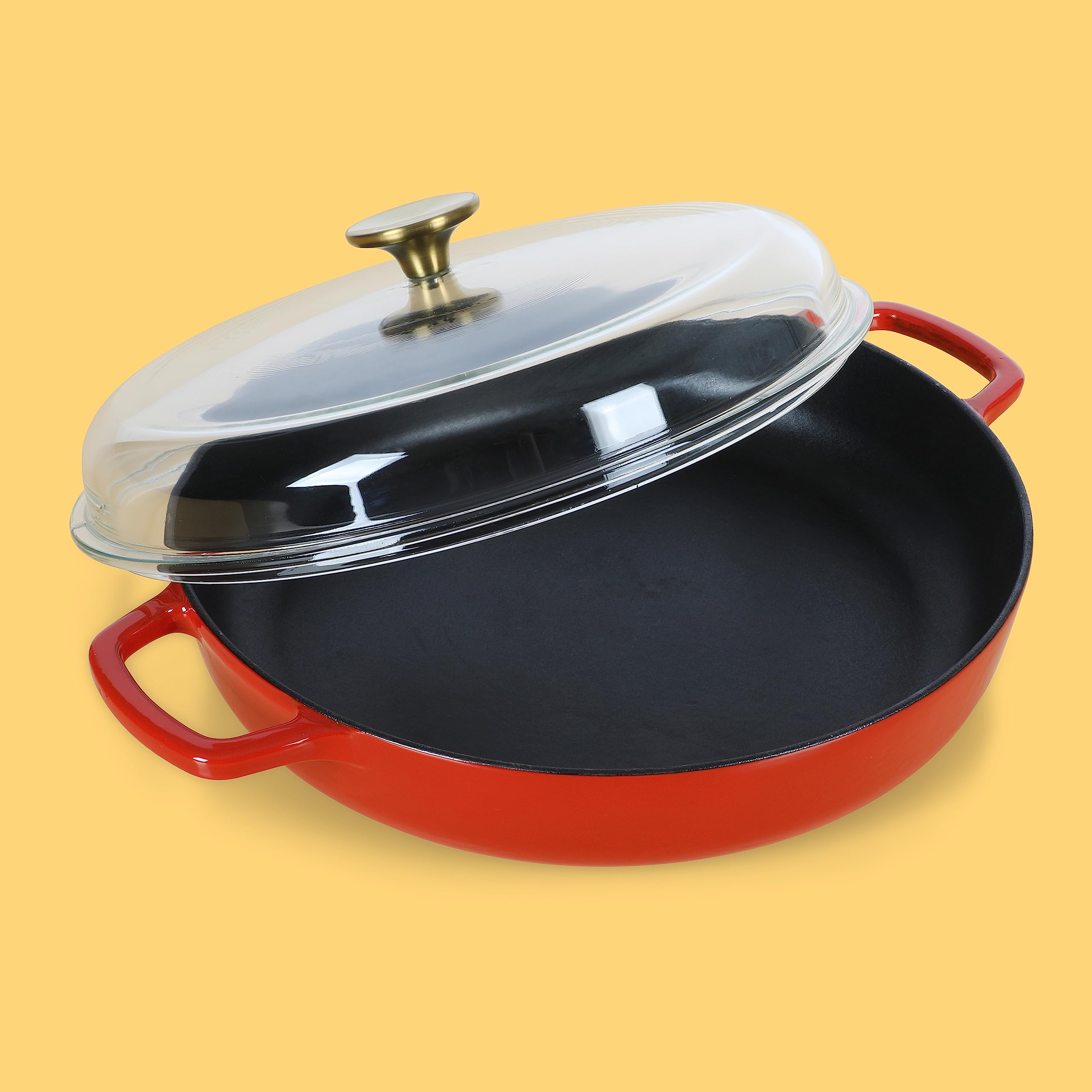Sur La Table Kitchen Essentials 3.75 Quart Enamel Cast Iron All In One Multi-Purpose Non-Toxic Nonstick Braiser Pan W/Borosilicate Glass Lid - Red