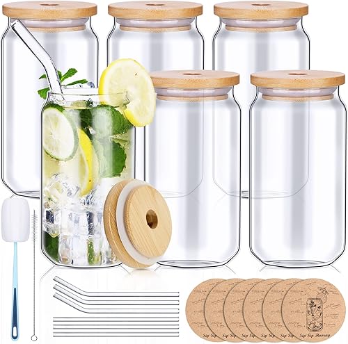 Paquete de 6 vasos de cerveza con tapas de bambú y pajita vasos de vidrio transparente de 16 onzas con tapas y posavasos vasos de café helado vasos
