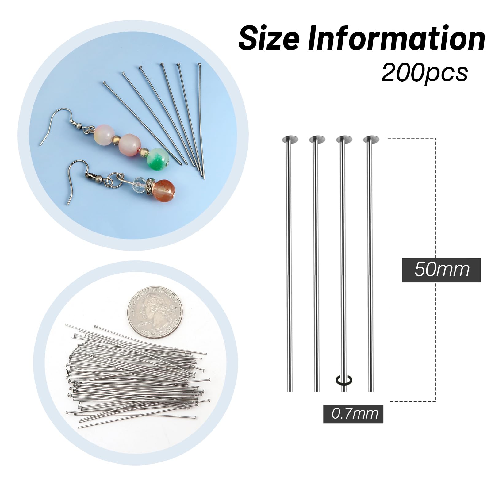 TOAOB 200pcs Stainless Steel Head Pins 50mm Silver Flat Headpins Jewelry Findings for DIY Crafts Necklaces Bracelets Earrings Making