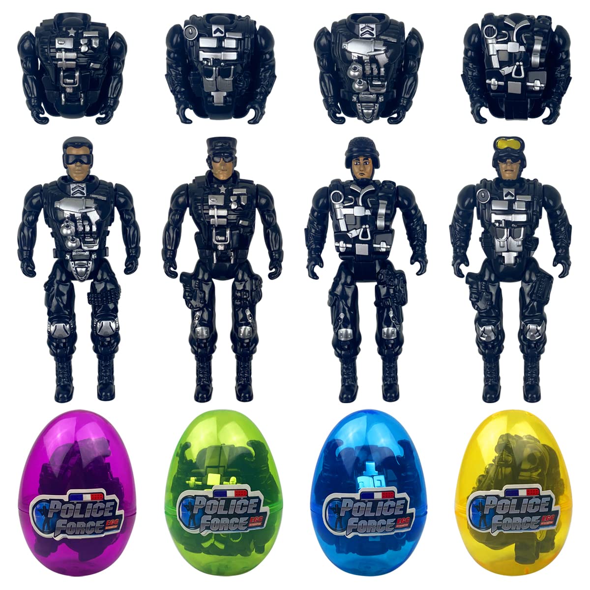 Pinkiwine 4 Pack Jumbo Police Deformation Prefilled Easter Eggs with Toys Inside for Kids Girls Boys Easter Gifts Easter Basket Stuffers Fillers