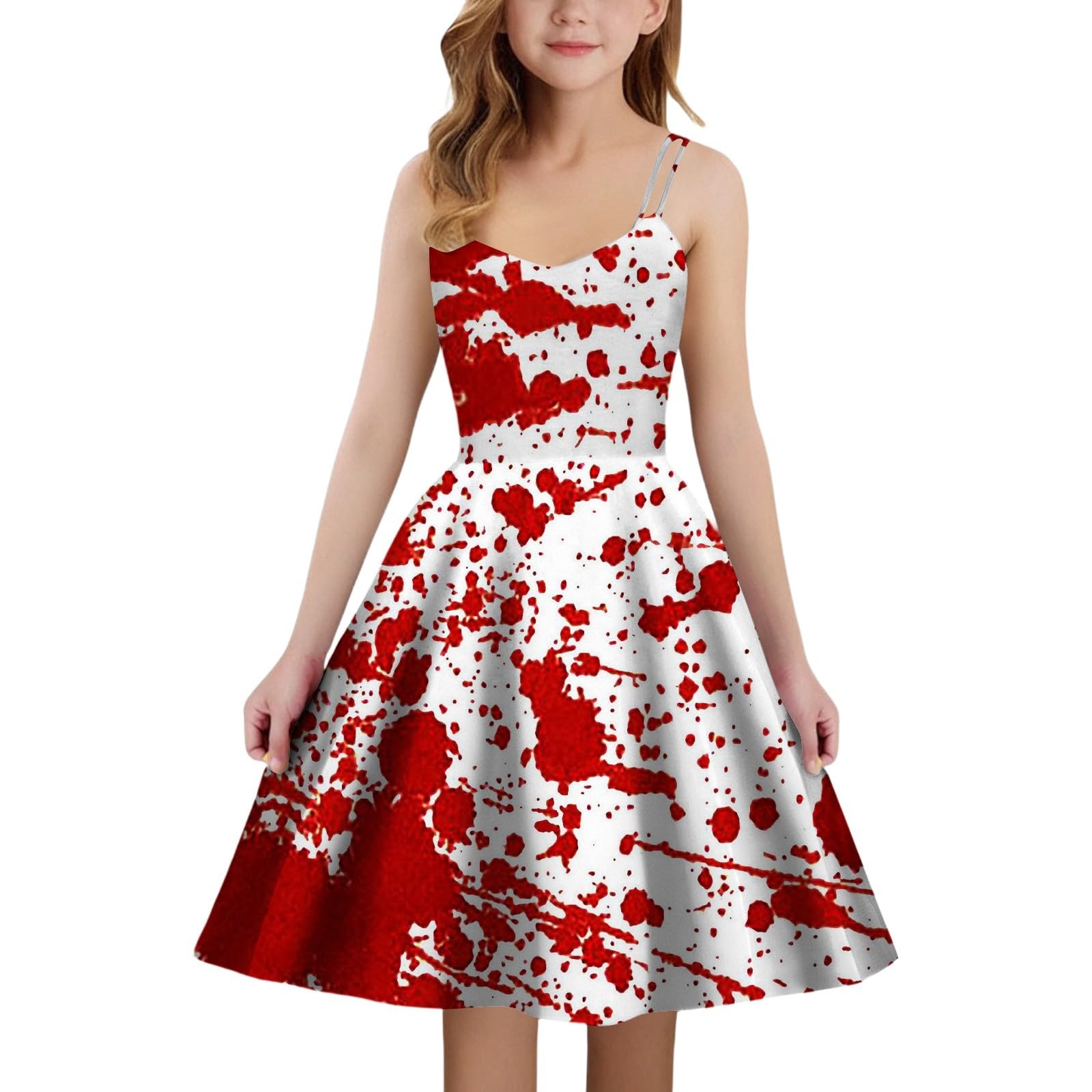 Halloween Dress Kids Scary Bloody Dresses Girls Halloween Costume Elegant Distressed Sleeveless A-Line Cocktail Dress Evening Medieval Strap Dress Carnival Party for 5-14 Years
